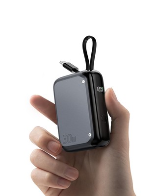 30W Portable Charger, 10,000mAh Power Bank with Built-in USB-C Cable for Trav...