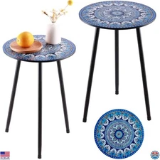 Set of 2 Weather-Resistant Metal Mosaic Round Side Tables - 13.4" Accent Tables