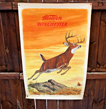 VINTAGE 1955 WINCHESTER WESTERN WHITETAIL BUCK HUNTING POSTER SIGN. BEAUTIFUL!