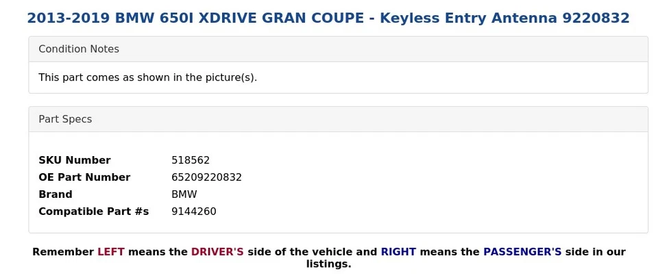 BMW 650I XDRIVE 2013-2019 GRAN CUPÉ - Antena de entrada sin llave 9220832 Foto 4 de 4