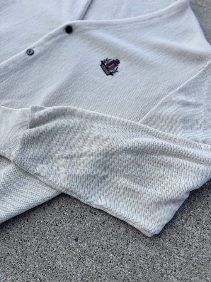 Cárdigan Suéter Vintage Años 90 IZOD Cresta Logo Para Hombre Talla Grande Crema Hecho en EE. UU. Foto 3 de 4