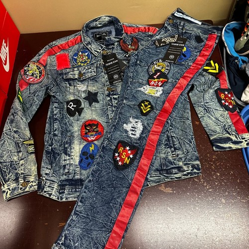 Reason Mens Blue Long Sleeve Multi Patchwork Denim Jacket & Jeans Size XL XXL - Picture 4 of 8