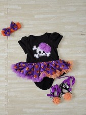 Halloween Baby Girl Bodysuit Skull Costume with heanband and shoes
