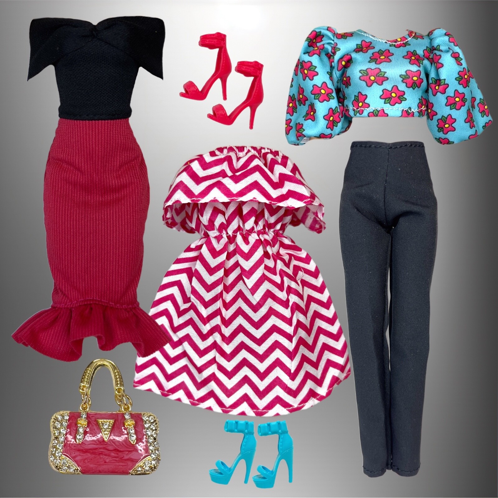 Fashion Pack For 12 Inch Doll 3 Outfits Dark Pink/blue