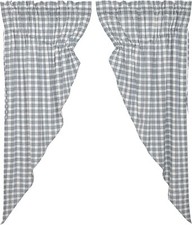 Blue & White Open Plaid Drawstring Prairie Curtains Lined Sawyer Mill Farmhouse