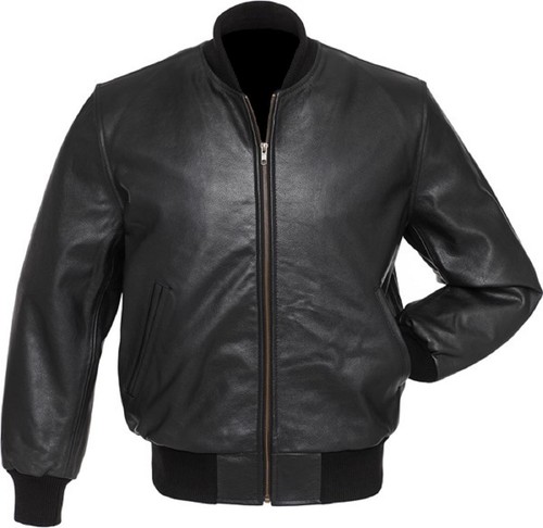 Black Real All Leather Zipper Baseball Bomber Jacket Varsity Letterman College - 第 1/8 張圖片
