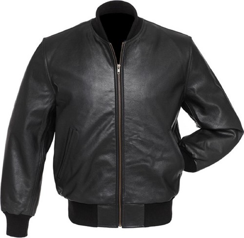 Black Real All Leather Zipper Baseball Bomber Jacket Varsity Letterman College   - Picture 1 of 8