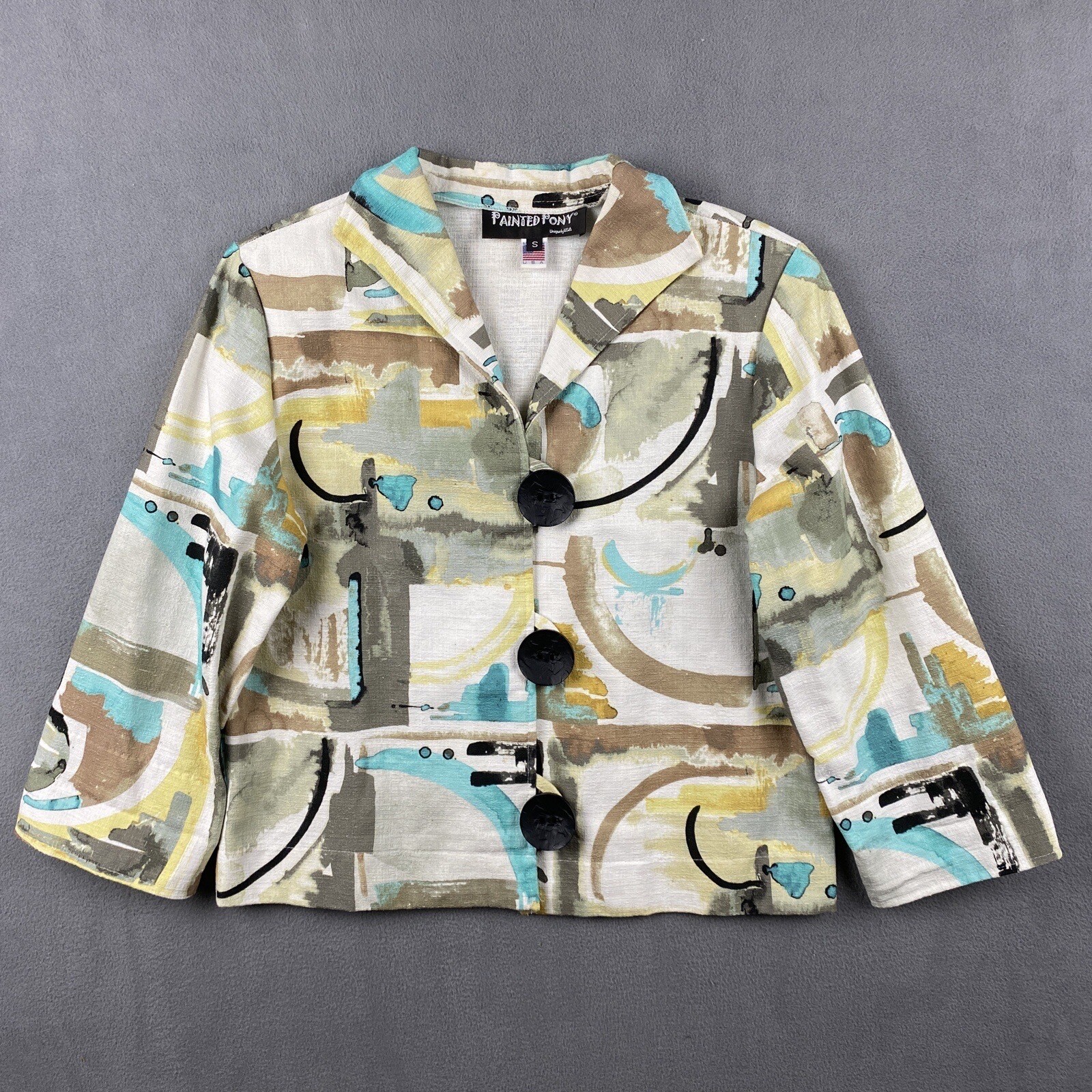 Giacca Pony Vintage Dipinta Donna Piccola Colorata Arte Astratta Da Indossare USA Made