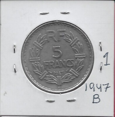 FRANCE 5 FRANCS 1947-B XF OPEN 9,LAUREATE HEAD LEFT,DENOMINATION