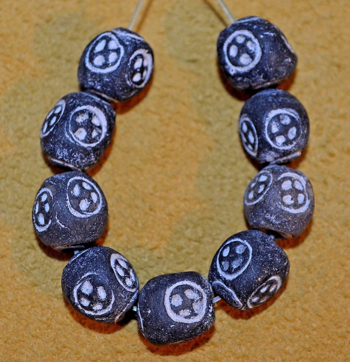 African Handmade Black Clay Beads W Stamped Eye Designs Made In Ghana,  Africa