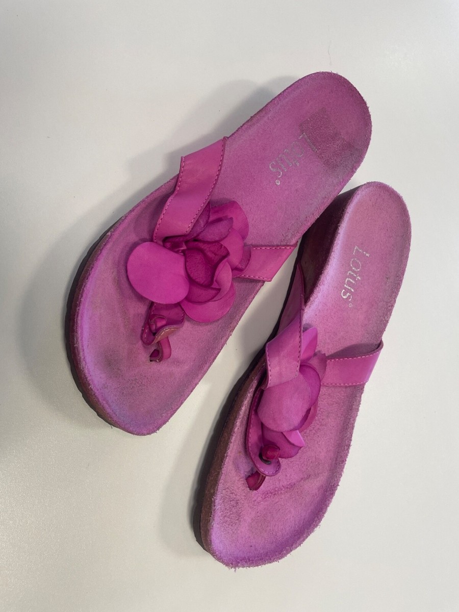 LOTUS flip flops toe posts leather flower footbed size hot pink
