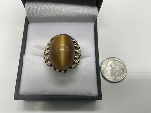 Large Vintage Retro Fine Condition Tiger Cat Eye “Jumbo”Detail Cut 14k Gold Ring - Picture 8 of 11