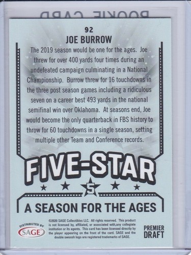 Tarjeta de novato Joe Burrow 2020 Premier Draft fútbol americano Cincinnati Bengals LSU TIGERS - Imagen 2 de 2