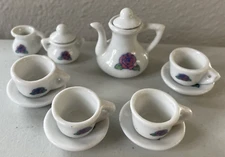 Vintage Miniature Mini Tiny Doll House Pink Rose Ceramic Tea Set 13 Pieces