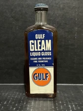 EXTREMELY RARE ANTIQUE GULF REFINING GULF GLEAM LIQUID 8 OZ FULL UNOPENED BOTTLE