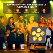 80W RGBWA UV 6-in-1 Rechargeable Battery 9LEDs Par Light By DMX512 Remote APP