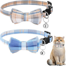2Pcs Cat Bow Tie, Cat Bowtie Collar with Bells, Adjustable Breakaway Blue and Wh