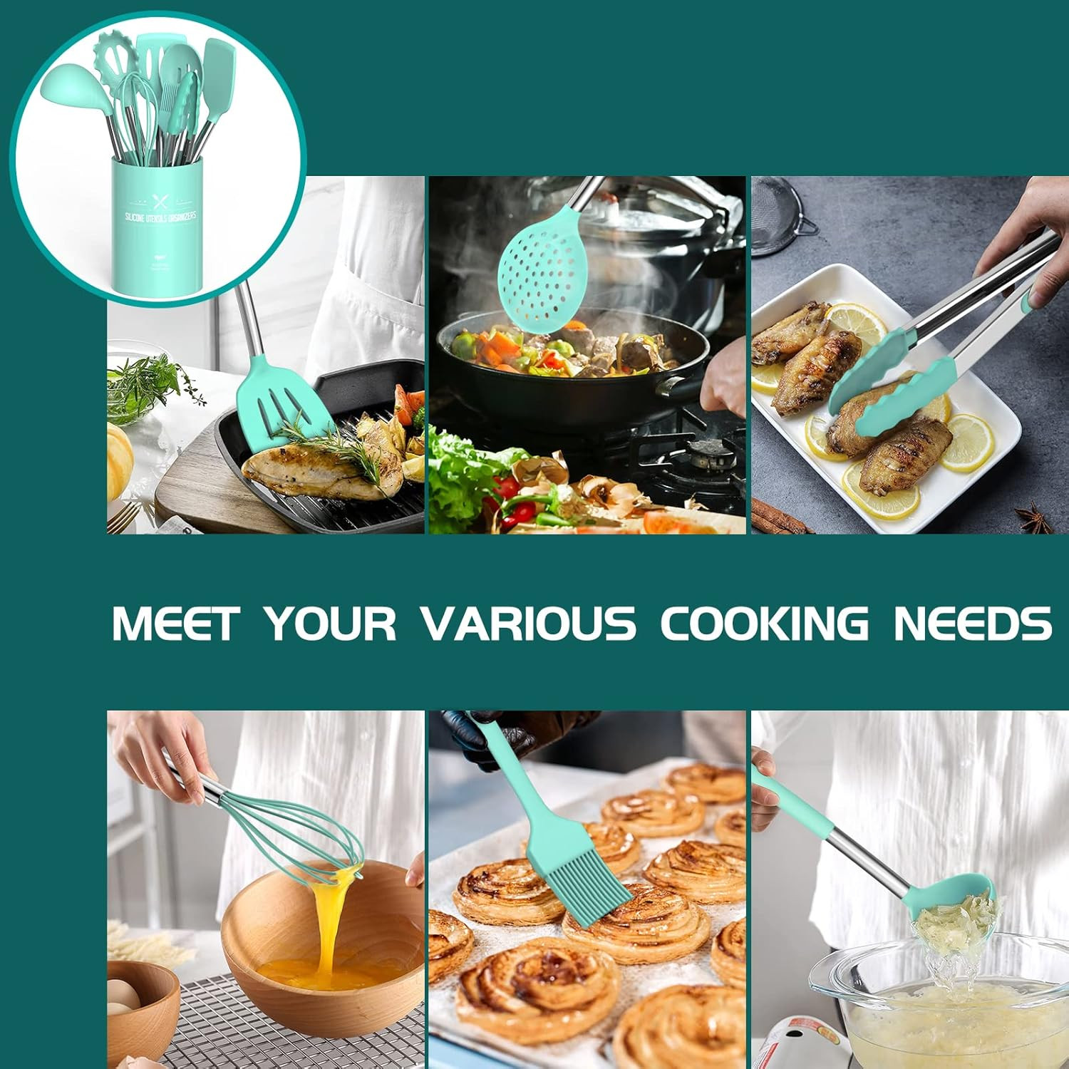 Silicone Cooking Utensil Set,  15Pcs Silicone Cooking Kitchen Utensils Set, Non-