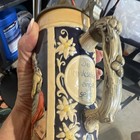 Made in Germany Lidded Beer Stein Blue Floral Relief Tavern Scene Hinged Lid — photo 3