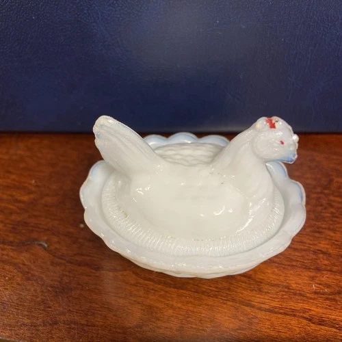 Vintage Chick Salt Dip Opalescent Milk Glass Hen on Nest Cellar