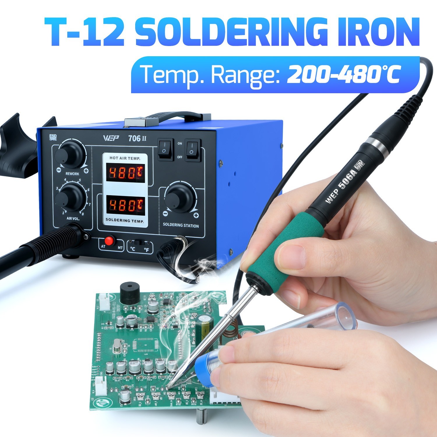 WEP T12 Soldering Station 2-IN-1  Desoldering Station Hot Air Gun Solder Iron