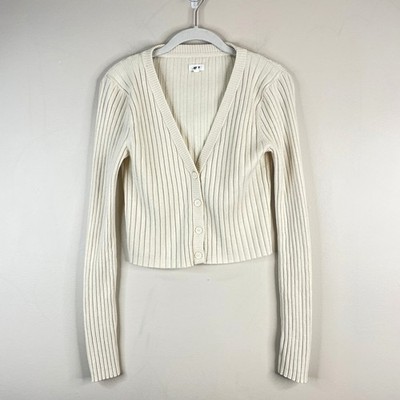 Aerie Crop Cardigan Sweater Womens Medium Ivory Minimalist Neutral Button Ribbed