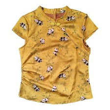 Brocade Cheongsam Top Cap Sleeve Qipao Golden Yellow Panda Print Satin Small 
