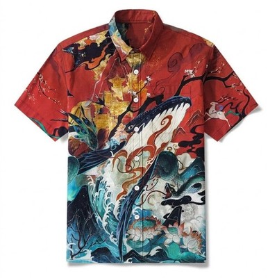 Men's Vintage Japanese Koi Fish Aloha Shirt Short Sleeve Button Up
