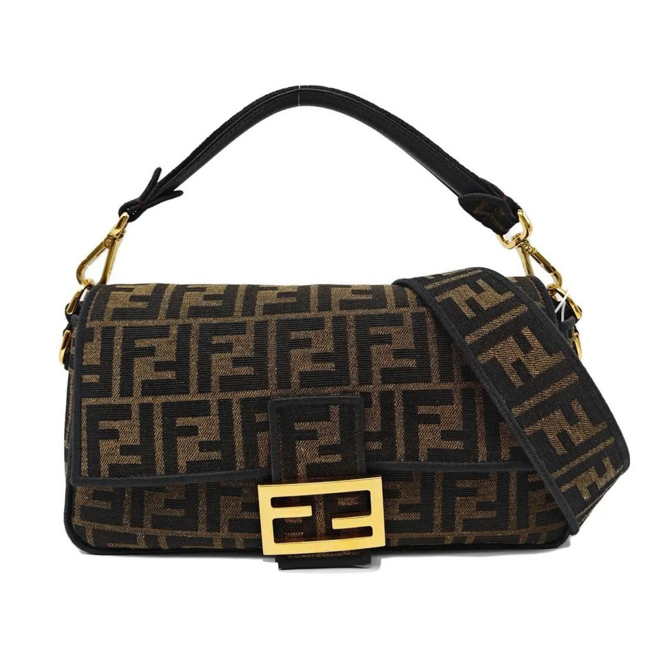 Fendi Zucca Monogram Baguette Canvas Brown Black Leather Trim Gold HW.