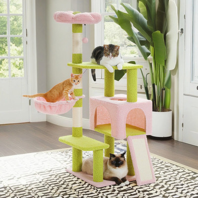 47'' Flower Cat Tree Tower for Indoor Cats, Cat Condo with Pink Top Perch for Kit