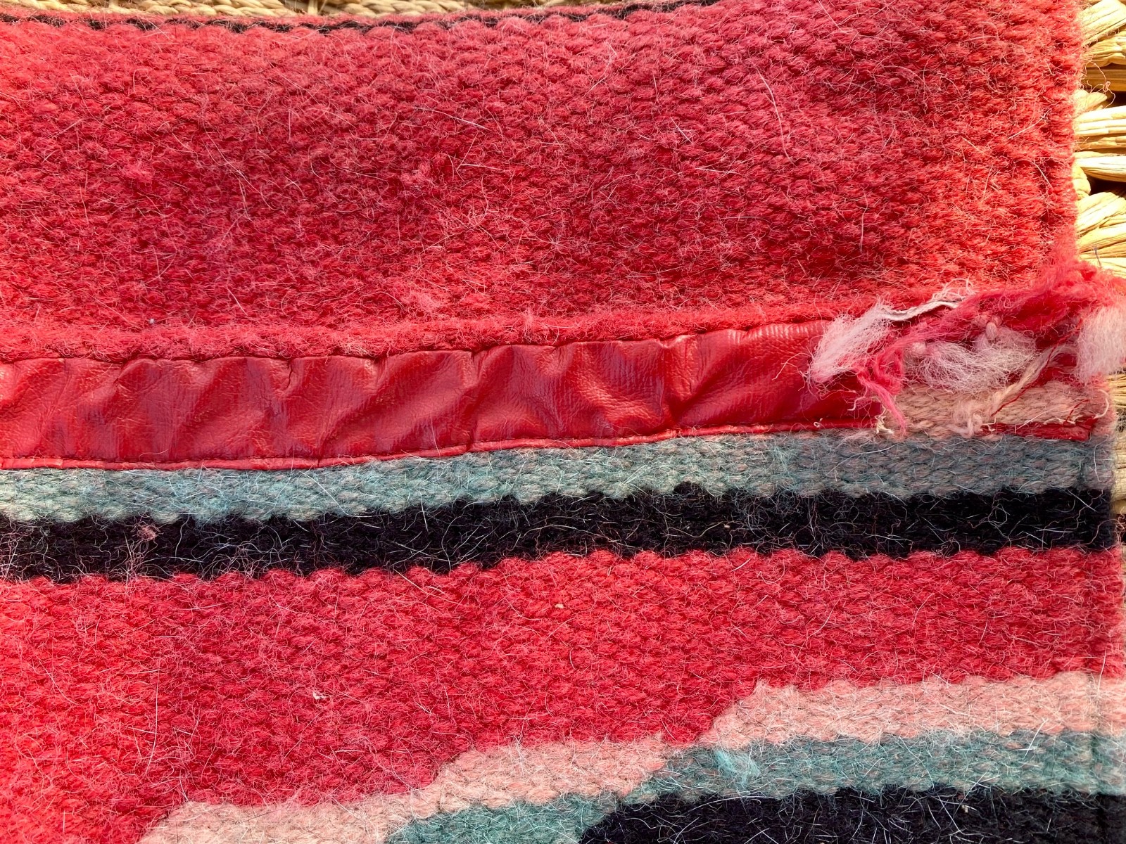 Vintage Woven Wool Saddle Blanket - 28 x 32 Red, Black, Turquoise Heavy Weight