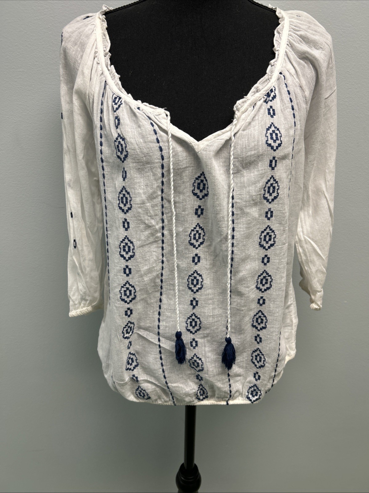 Nine West XL Blue Embroidery Peasant Top Tunic Sleeve Shirt Vintage America