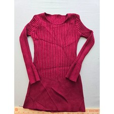 Womens Magenta Pink Cable Knit Long Sleeve Mini Sweater Dress Crew Neck Ribbed