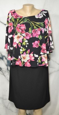 CONNECTED APPAREL Black Dress 14W Sheer Draped Multicolor Floral Print Bodice