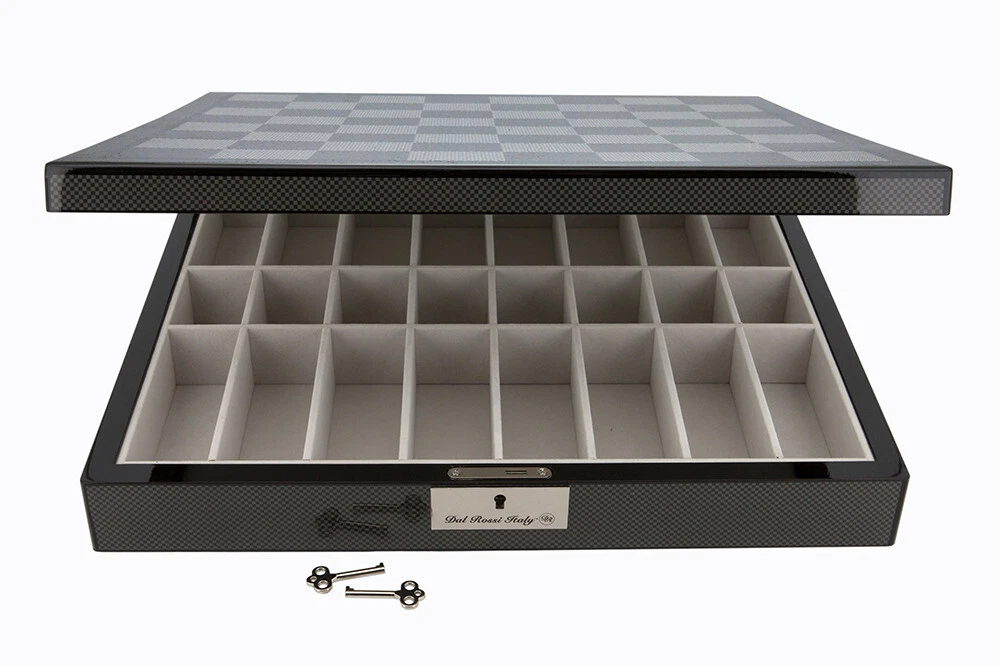 Dal Rossi 20" Carbon Fibre Finish Chess Set with Metal Dark Titanium Silver Pcs