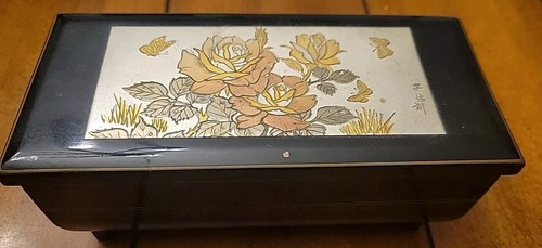 Vintage Made In Japan Black Lacquer Musical Jewelry Box
