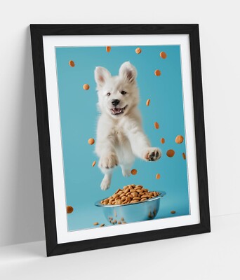 HAPPY JUMPING PUPPY DOG - GERAHMTES WANDBILD POSTER PAPIERDRUCK