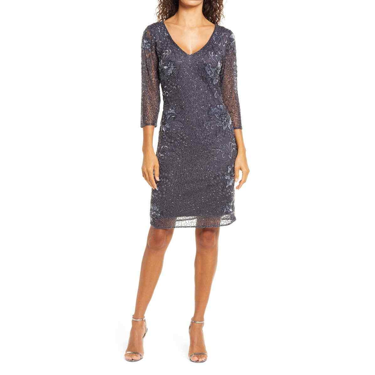 beaded v-neck cocktail dress pisarro nights Beaded Double V-Neck Dress in Navy