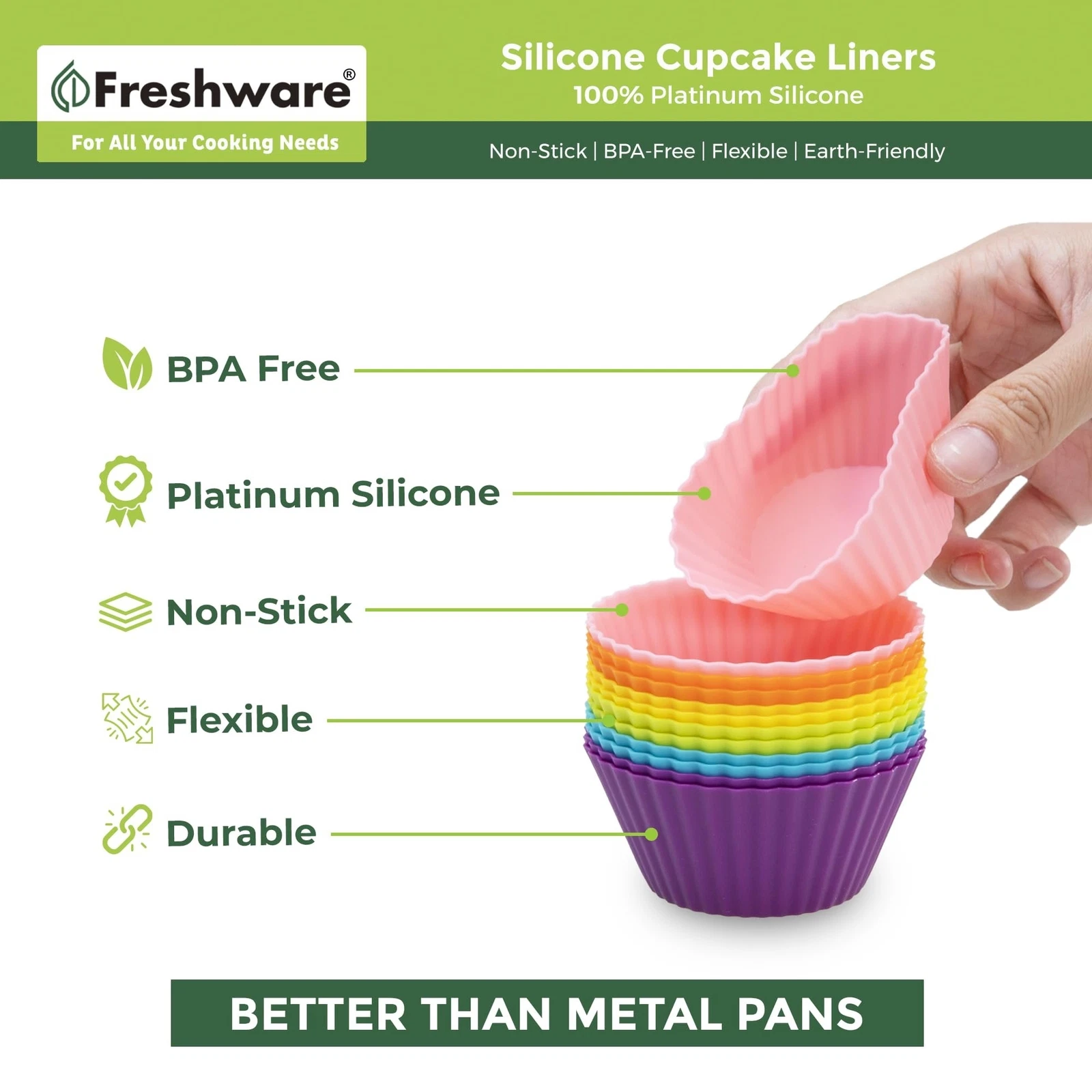 Freshware 12-Pack Silicone Standard Round Reusable Cupcake and Muffin Baking Cup - Thumbnail 2