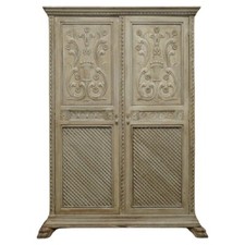ANTIQUE JACOBEAN REVIVAL HAND CARVED ARMOIRE WARDROBE WITH GREY FRENCH PAINT