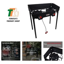 Propane Double Burner Two Burner Camp Stove with Windscreen Outdoor High Pres...