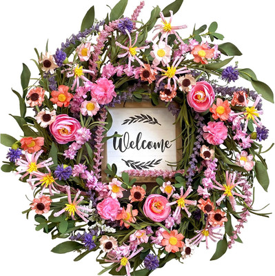 22-Inch Lavender and Peony Artificial Flower Wreath, 22'' Pink Floral Wreath Spri