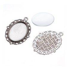 10 Sets Antique Silver DIY Cabochon Settings Pendant Making Oval Glass Cabochons