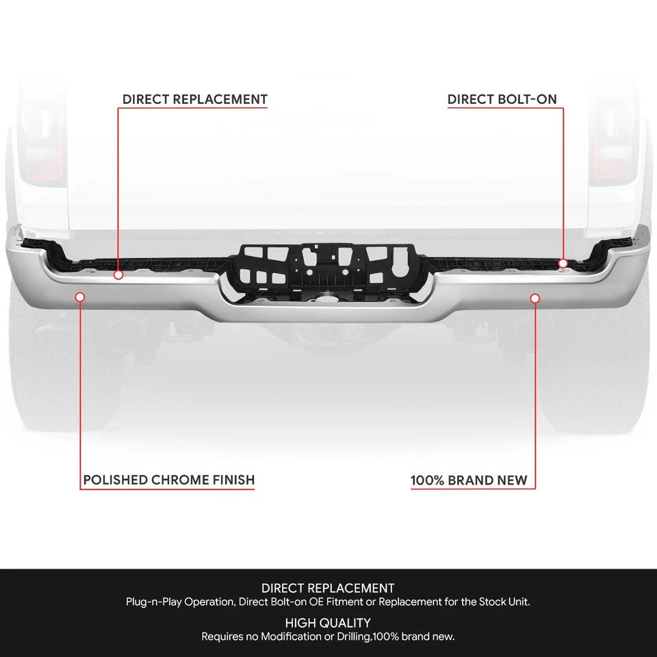 For 2019-2024 Ram 1500 Rear Bumper Face Bar w/o Dual Exhaust Polished Chrome - Image 2 of 4