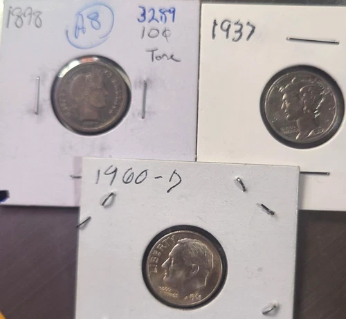 Lot of 3 Silver Dimes All Coins AU/BU 1898 Barber 1937 Mercury 1960 D Roosevelt