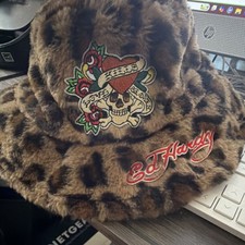 Ed Hardy Faux Fur Bucket Hat Leopard Print Skull Tattoo Embroidered Brown Black