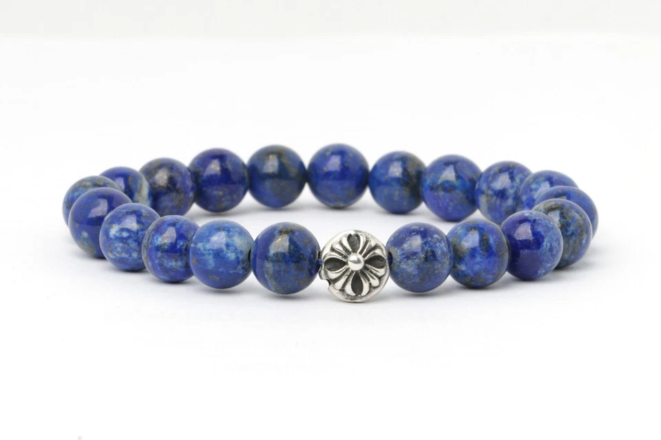 Bracelet homme en argent sterling 925 croix celtique lapis-lazuli 10 mm... - Photo 1/4