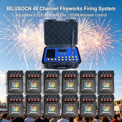 BILUSOCN 48Cues Firework Ignition System,500M Remote 0.1s/0.4s Speed for Parties