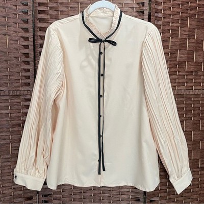 Women's Cream Blouse Black Trim and Neck Tie, Quiet Luxury Coquette Office, L.
