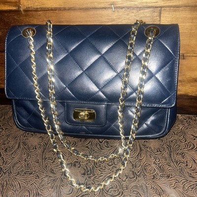 BELLIDO Spain SUSAN GAIL VTG Navy Blue Quilted Leather Handbag Gold chain